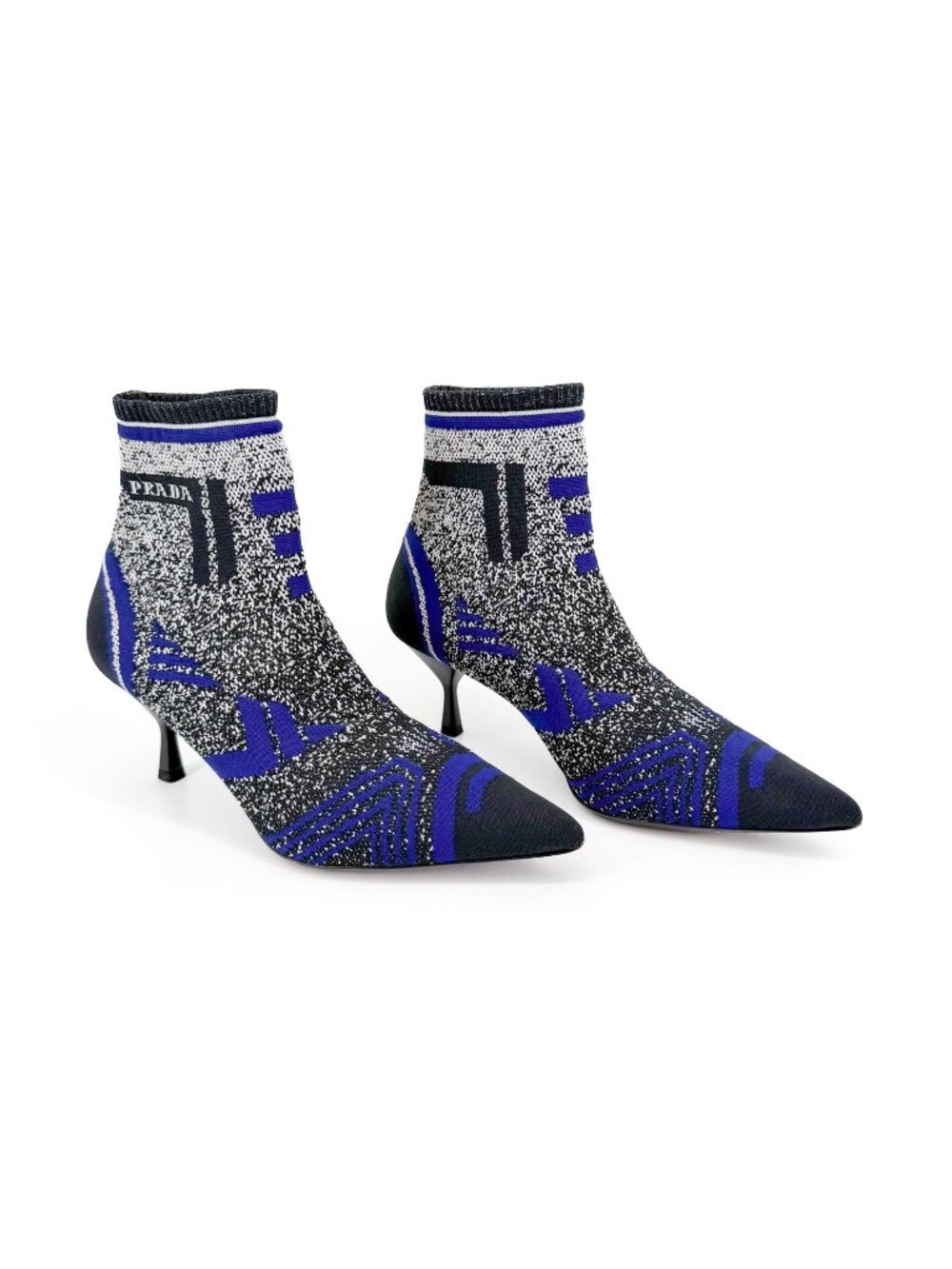 Prada Black Blue Stretch Knit Logo Sock Booties Heels Size 37 US 7 Ankle Boots
